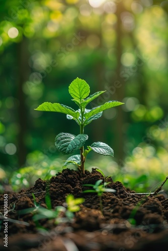 A small green plant is growing in the dirt. The plant is surrounded by grass and leaves. Concept of growth and life, as the plant is just beginning to sprout and thrive in its natural environment