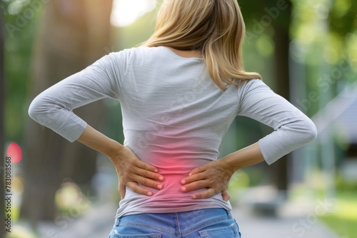 A woman walking on the street and feeling lumbar back pain. Hands placed on the lower spine