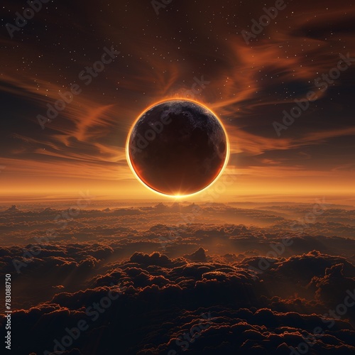 A large, glowing red moon is in the center of a dark sky. The sky is filled with clouds and stars, creating a moody and mysterious atmosphere