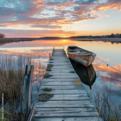 A boat is docked at a pier with a sunset in the background. The scene is peaceful and serene, with the boat and pier blending into the natural surroundings