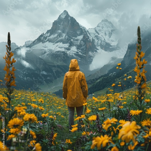 A person is standing in a field of yellow flowers, looking out over a mountain range. The scene is serene and peaceful, with the person's jacket