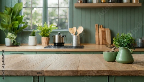 Natural Harmony: Modern Green Kitchen Scene with Wooden Tabletop"