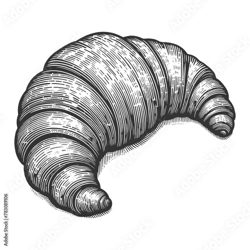 flaky, buttery croissant, ideal for bakery-themed designs sketch engraving generative ai fictional character vector illustration. Scratch board imitation. Black and white image.