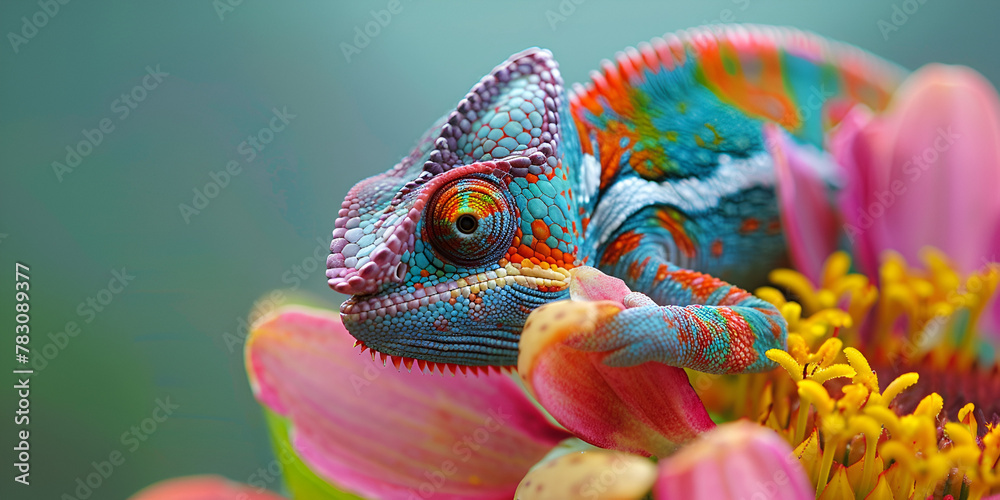 A colorful close up chameleon with a high crest on its head Generative AI
