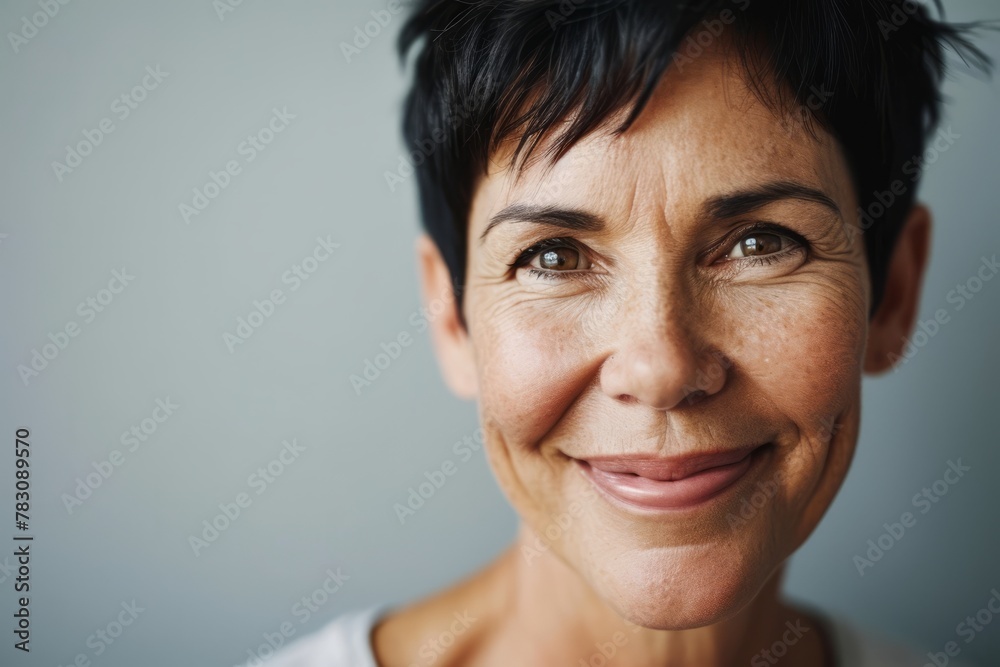 Portrait of smiling middle aged woman looking at camera against grey background Portrait of smiling middle aged woman looking at camera against grey background