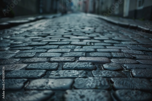 Wet cobblestone street close-up
