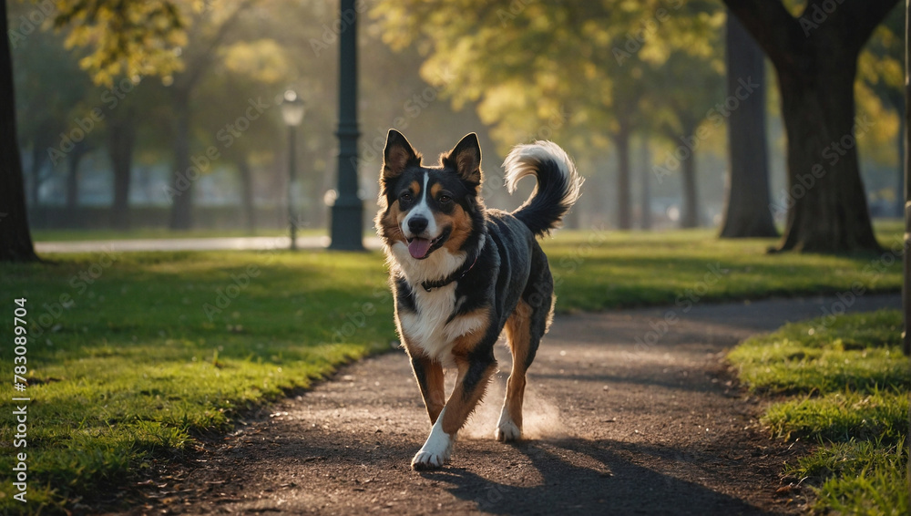 Dog walking in a park in the morning Dog walking in a park in the morning