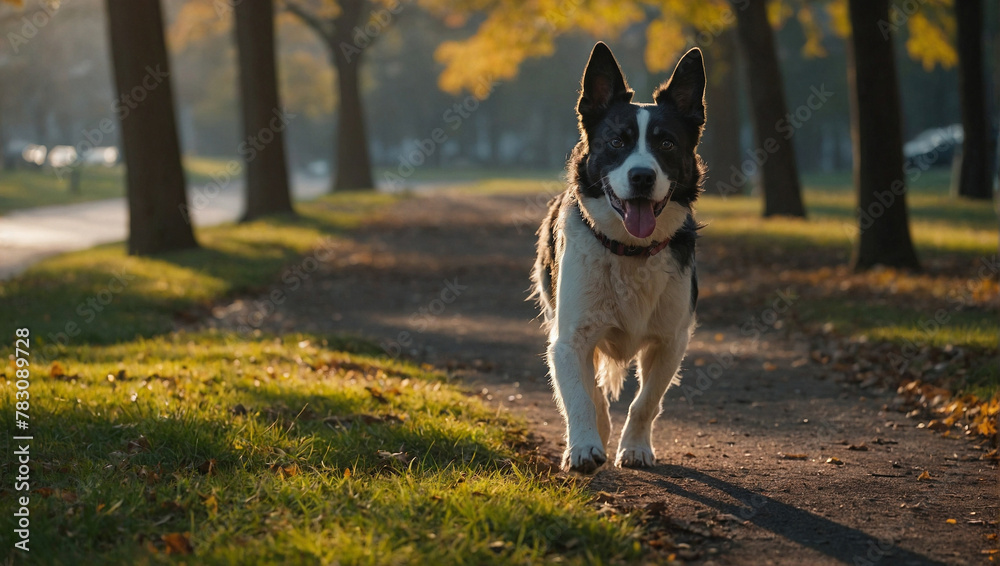 Dog walking in a park in the morning Dog walking in a park in the morning