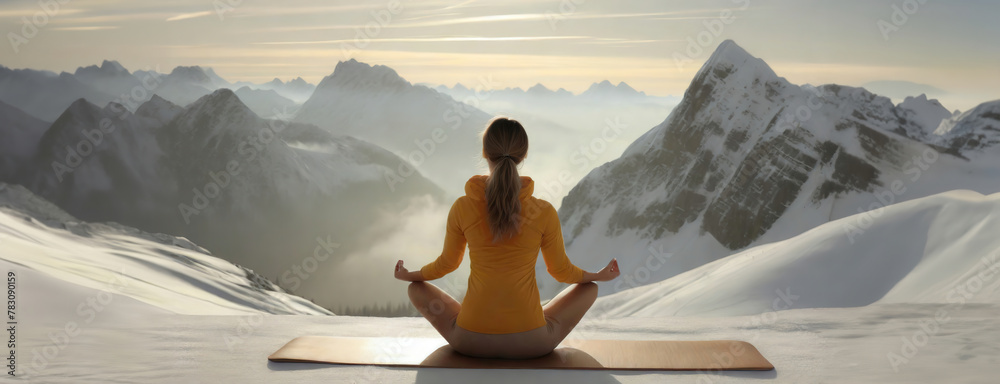 Serene Yoga Pose in Snowy Mountain Landscape at Sunrise. A tranquil scene of an individual in a yoga pose on a mat, with snow-covered mountains and the warm glow of sunrise - obrazy, fototapety, plakaty 