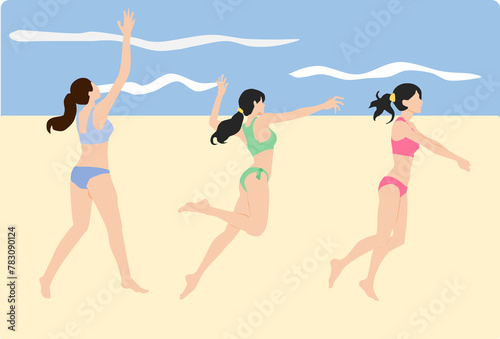 夏休みに海(プール)でビーチバレーする女性のイラスト