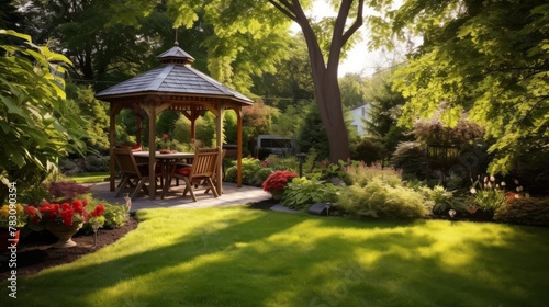 Backyard features convenient gazebo with bench