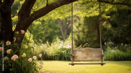 Swing hanging from tree in backyard