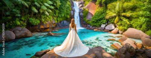 Bride Overlooking a Tropical Waterfall. A bride in her wedding dress looks out over a serene tropical waterfall  the setting tranquil and picturesque