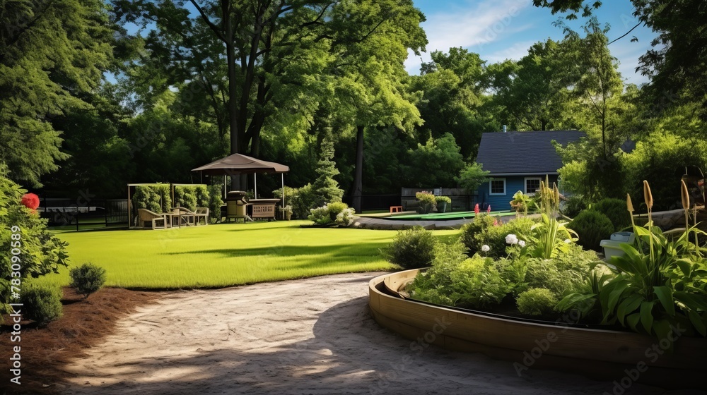 Backyard features horseshoe pit amidst greenery