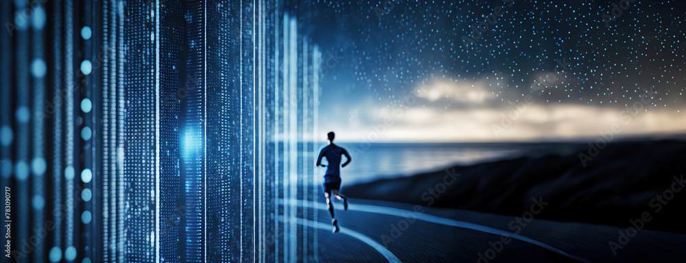 Fototapeta premium Cybernetic Dawn: Runner with Bionic Leg on Coastal Path with Digital Matrix. A solitary figure jogs along the shore, bordered by a cascade of binary code. Futuristic data stream.