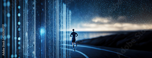 Cybernetic Dawn: Runner with Bionic Leg on Coastal Path with Digital Matrix. A solitary figure jogs along the shore, bordered by a cascade of binary code. Futuristic data stream.