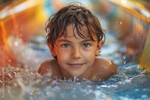 Smiling boy swimming in water slide