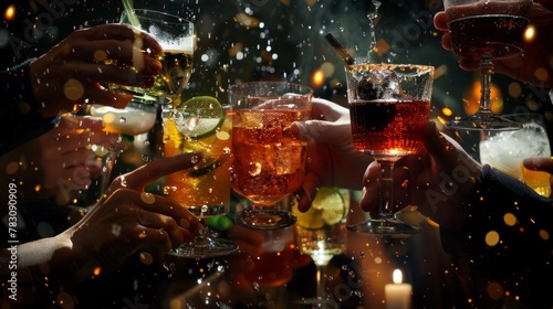 A group of people clinking glasses of drinks