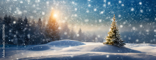 Christmas tree background in winter snowy coniferous forest with fairy landscape. Happy New Year panorama. Sunny weather in cold day. © Igor Tichonow
