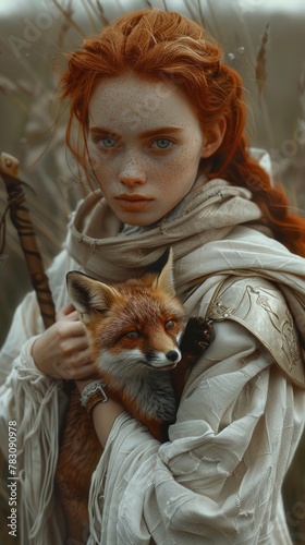 A woman with red hair holding a red fox