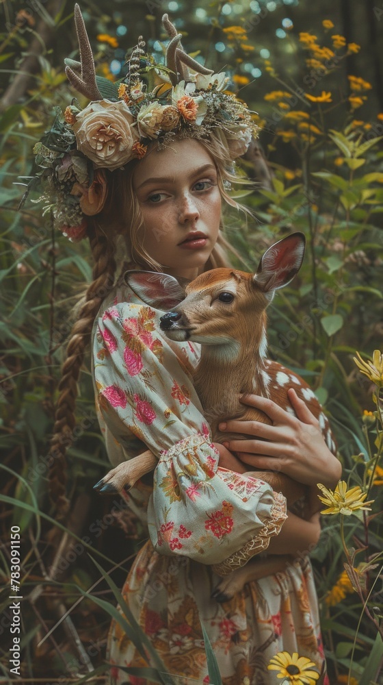 A girl in a floral dress holding a deer