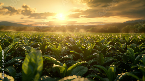 A field of green plants with a sun in the background. The sun is setting and the sky is cloudy