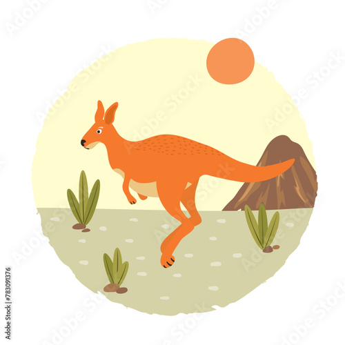 Cute jumping kangaroo and australian desert landscape. Vector illustration