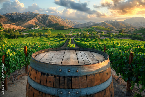 Vineyard Landscape at Sunset Featuring an Old Wooden Wine Barrel