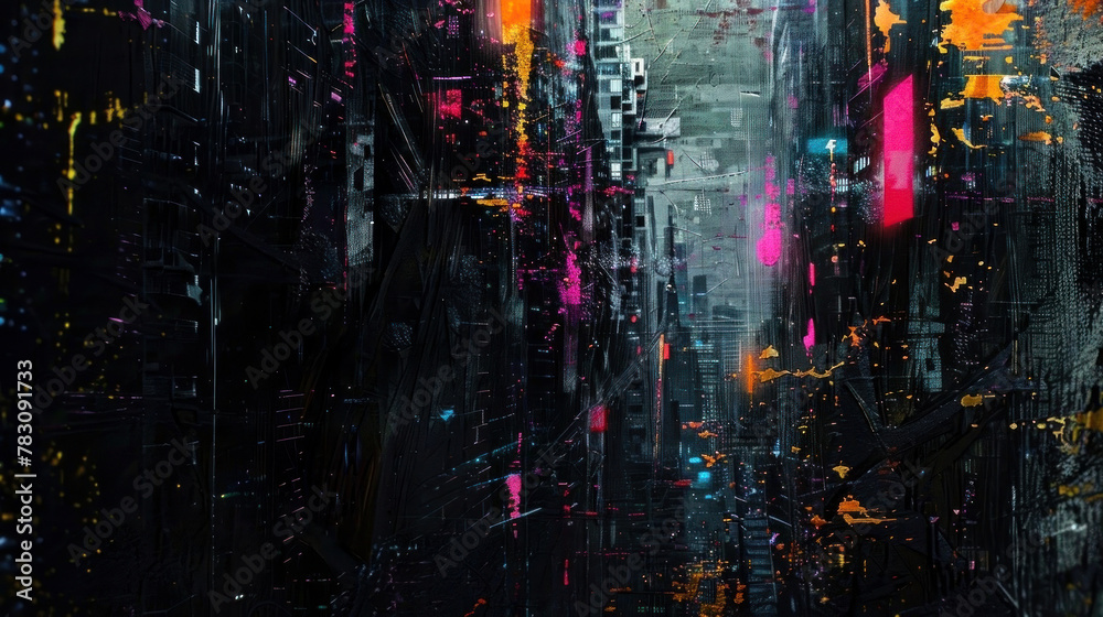 Naklejka premium Dynamic abstract cityscape painting with vibrant neon