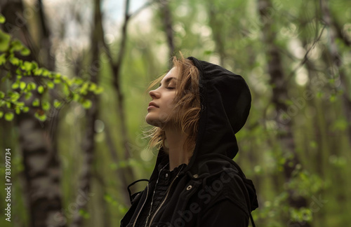 A woman in black and hood stands with her eyes closed, enjoying the fresh air of spring forest, surrounded by green trees