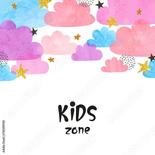 Kids poster design with colorful circles. Vector watercolor kids zone illustration. Baby shower print	