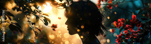 Captivating silhouette of a woman amid nature's magic with a bokehlicious backdrop photo