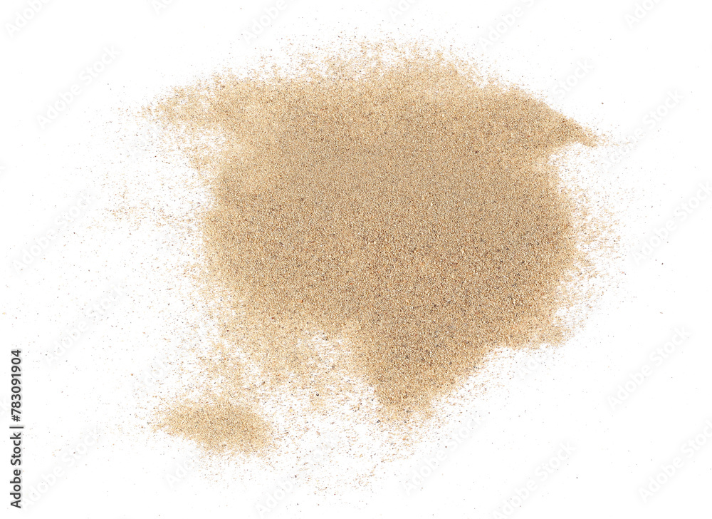 Sand scatter isolated on white background and texture, clipping, top view Sand scatter isolated on white background and texture, clipping, top view