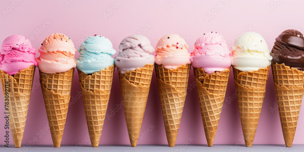 Assorted fresh delicious ice creams in waffle cones on pink background. Summer popular dessert Assorted fresh delicious ice creams in waffle cones on pink background. Summer popular dessert