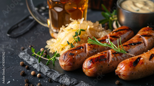 Hot Bratwurst with sauerkraut and mug of cold beer, on slate plate, isolated on dark background. Traditional Bavarian, German meal.