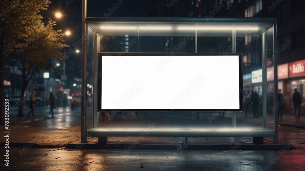 Outdoor bus stop advertising mockup, night city scene with bus billboard, illuminated sign mockup Outdoor bus stop advertising mockup, night city scene with bus billboard, illuminated sign mockup