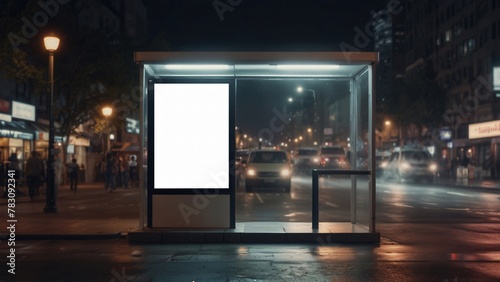 Outdoor bus stop advertising mockup, night city scene with bus billboard, illuminated sign mockup photo