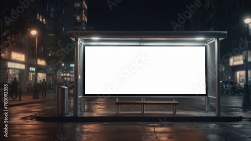 Outdoor bus stop advertising mockup, night city scene with bus billboard, illuminated sign mockup