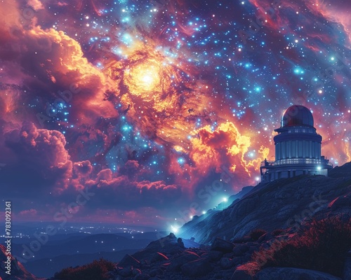 Telescopes and stargazing activities depicted in an observatory setting, with individuals exploring the night sky in the style of stock photo image