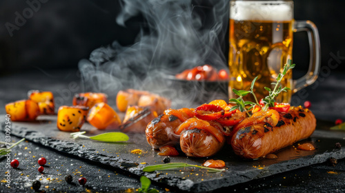 Hot Bratwurst with sauerkraut and mug of cold beer, on slate plate, isolated on dark background. Traditional Bavarian, German meal.