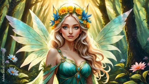 Beautiful fairy with flowers in her hair. 3d rendering.
