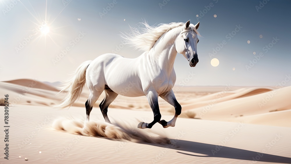 Fototapeta premium Ethereal White Horse Galloping in the Desert Sun
