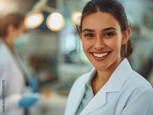 female dentist smiling widely with white perfect teeth in a white coat, against the backdrop of a dental office