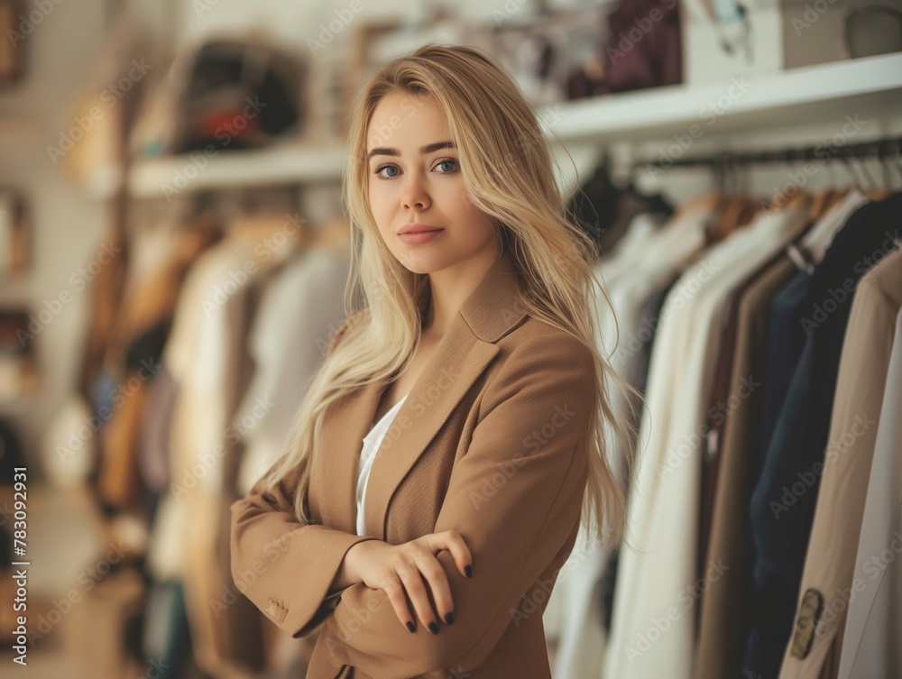 woman fashion business owner or fashion blogger posing at clothing store