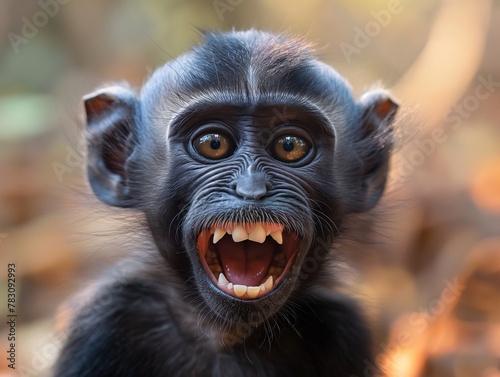 portrait of a smiling African monkey with all his teeth, A cute monkey lives in a natural forest photo
