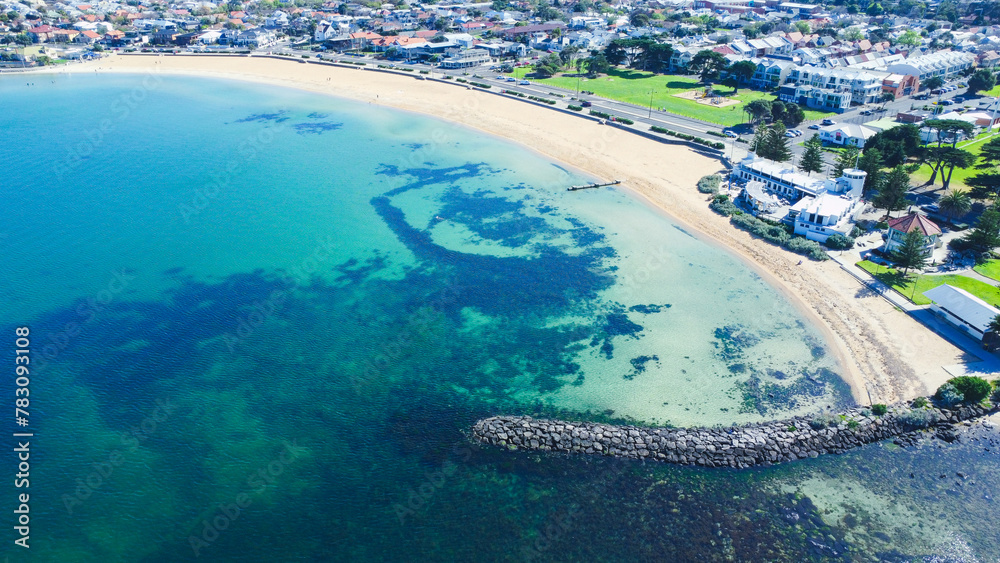 Fototapeta premium Williamstown beach from above in Melbourne, Australia, wavy sea lines