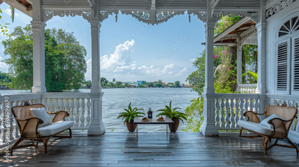 Fototapeta premium Riverside Colonial Porch with Tropical Plants
