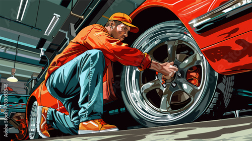 Mechanic Tightening Car Wheel in Workshop vector Illustration of a focused mechanic securely tightening the wheel of a red car inside a garage. © Oleksandr Pokusai