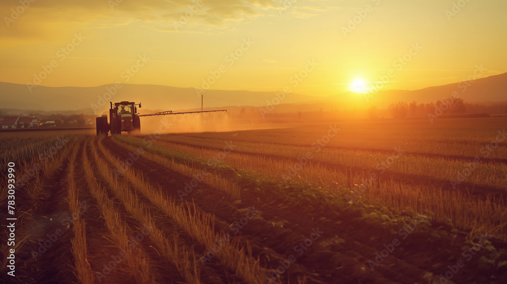 Obraz premium A green tractor is spraying a field. The sun is setting in the background, casting a warm glow over the scene
