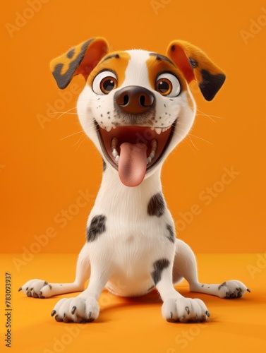 Funny cartoon dog with tongue out  sitting on orange background.